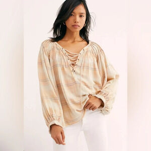 FREE PEOPLE Cloudbreaker Plaid Top Boho Beachy Raw Hem Loose Lace Up‎ Grunge XS